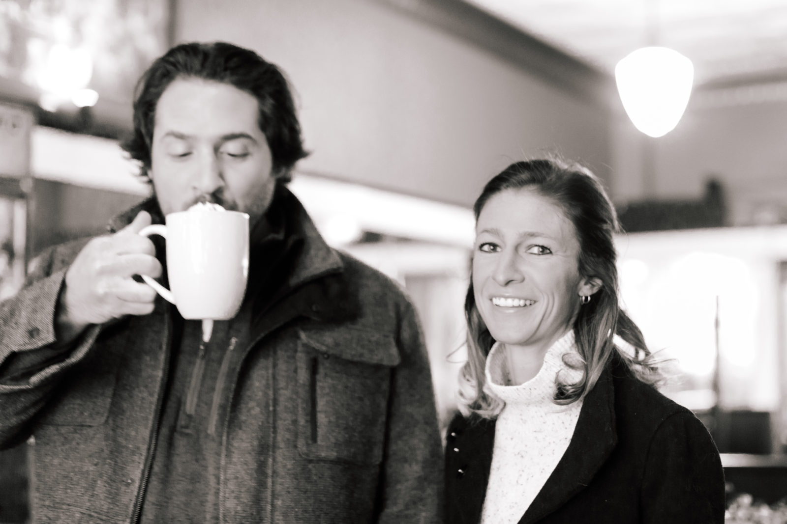 Black and White Coffee Shop Engagement Photos