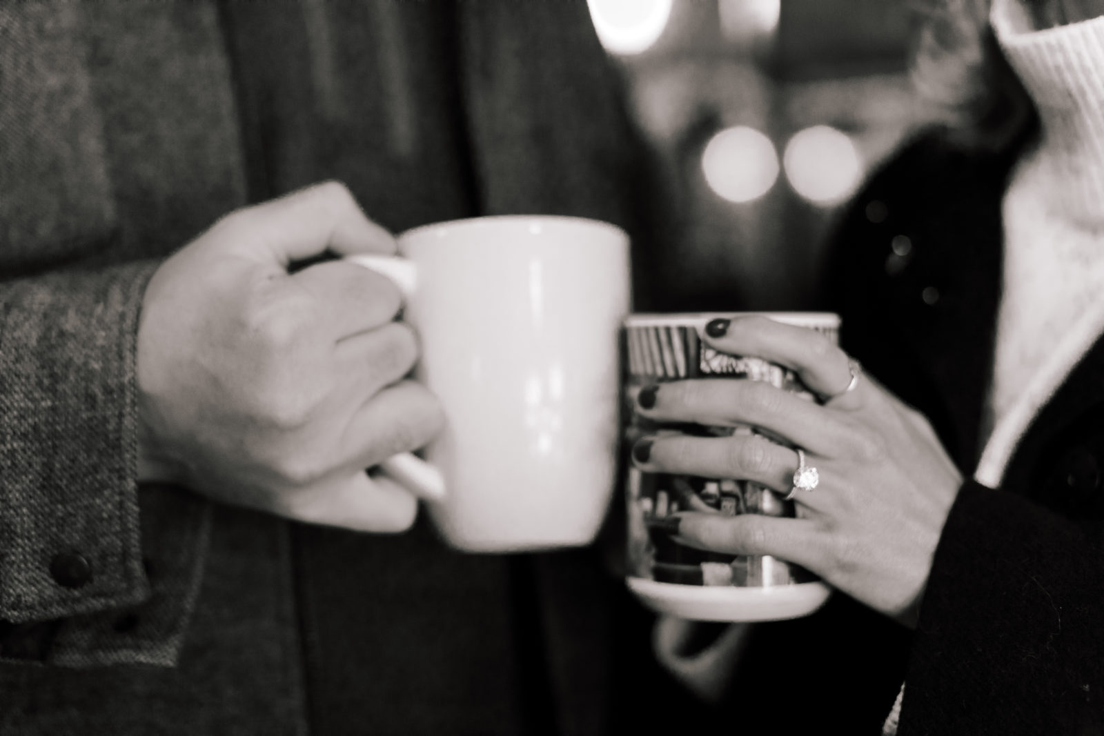 Black and White Close Up Ring Shot Coffee Shop Engagement Photoshoot