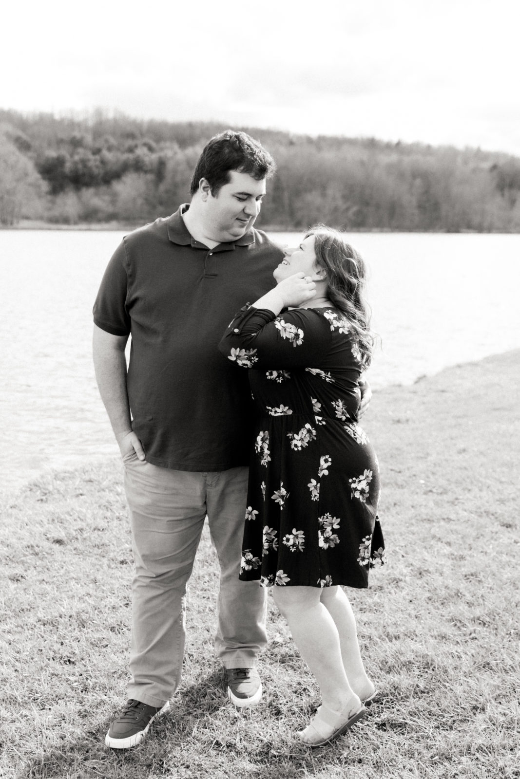 Black and white pond engagement pictures